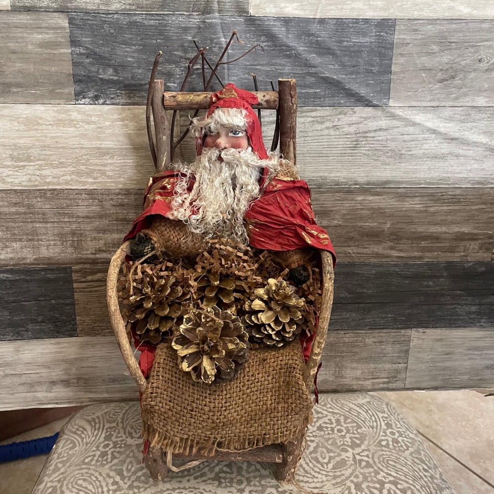 Vintage Rustic Santa Claus in Twig Chair Figurine Pinecones Burlap Christmas